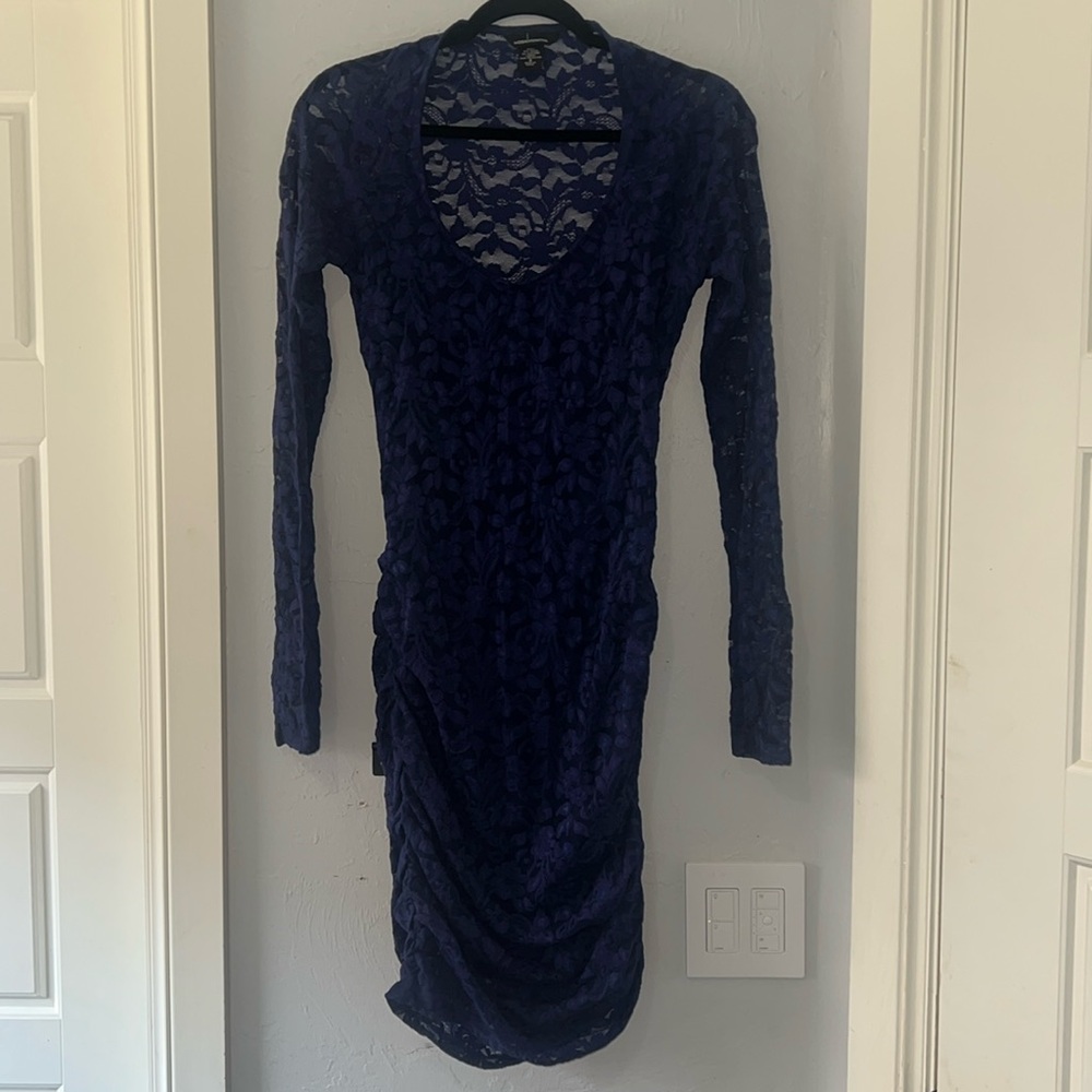 MODA International navy blue floral lace rushed long sleeve dress - S